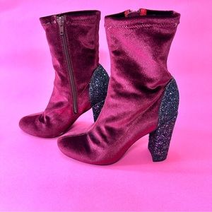 Velvet Block Heel Ankle Boots in Deep Burgundy